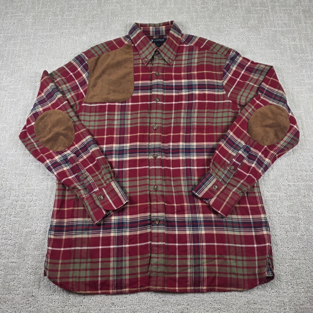 Cremieux Mens Large Red Green Plaid Flannel Shirt Suede Shooting Elbow Patches